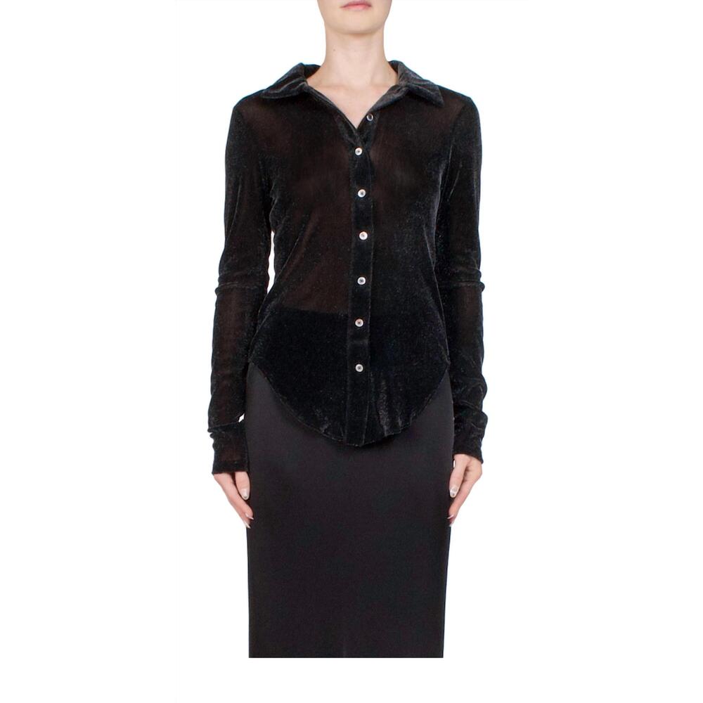 NEW PRISCAVERA velvet mesh button down shirt in obsidian